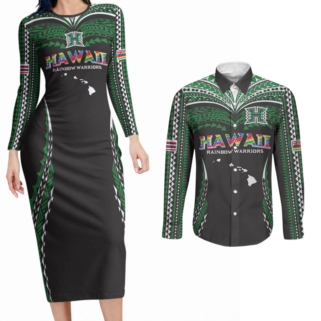 Custom Hawaii Rainbow Warriors Couples Matching Long Sleeve Bodycon Dress and Long Sleeve Button Shirt Polynesian Motif Black Color