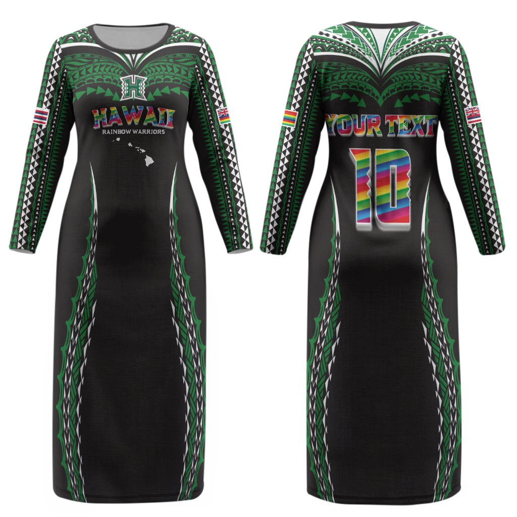 Custom Hawaii Rainbow Warriors Couples Matching Long Sleeve Bodycon Dress and Long Sleeve Button Shirt Polynesian Motif Black Color