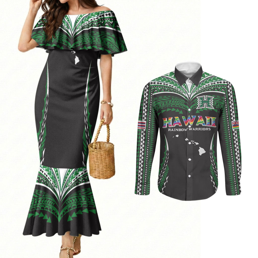 Custom Hawaii Rainbow Warriors Couples Matching Mermaid Dress and Long Sleeve Button Shirt Polynesian Motif Black Color