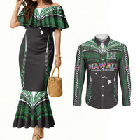 Custom Hawaii Rainbow Warriors Couples Matching Mermaid Dress and Long Sleeve Button Shirt Polynesian Motif Black Color