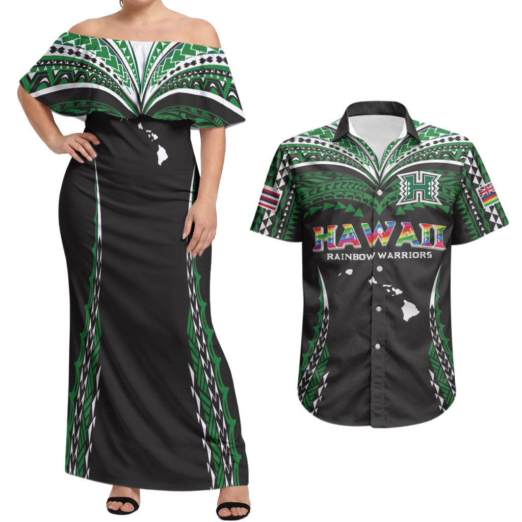 Custom Hawaii Rainbow Warriors Couples Matching Off Shoulder Maxi Dress and Hawaiian Shirt Polynesian Motif Black Color