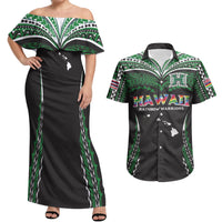 Custom Hawaii Rainbow Warriors Couples Matching Off Shoulder Maxi Dress and Hawaiian Shirt Polynesian Motif Black Color