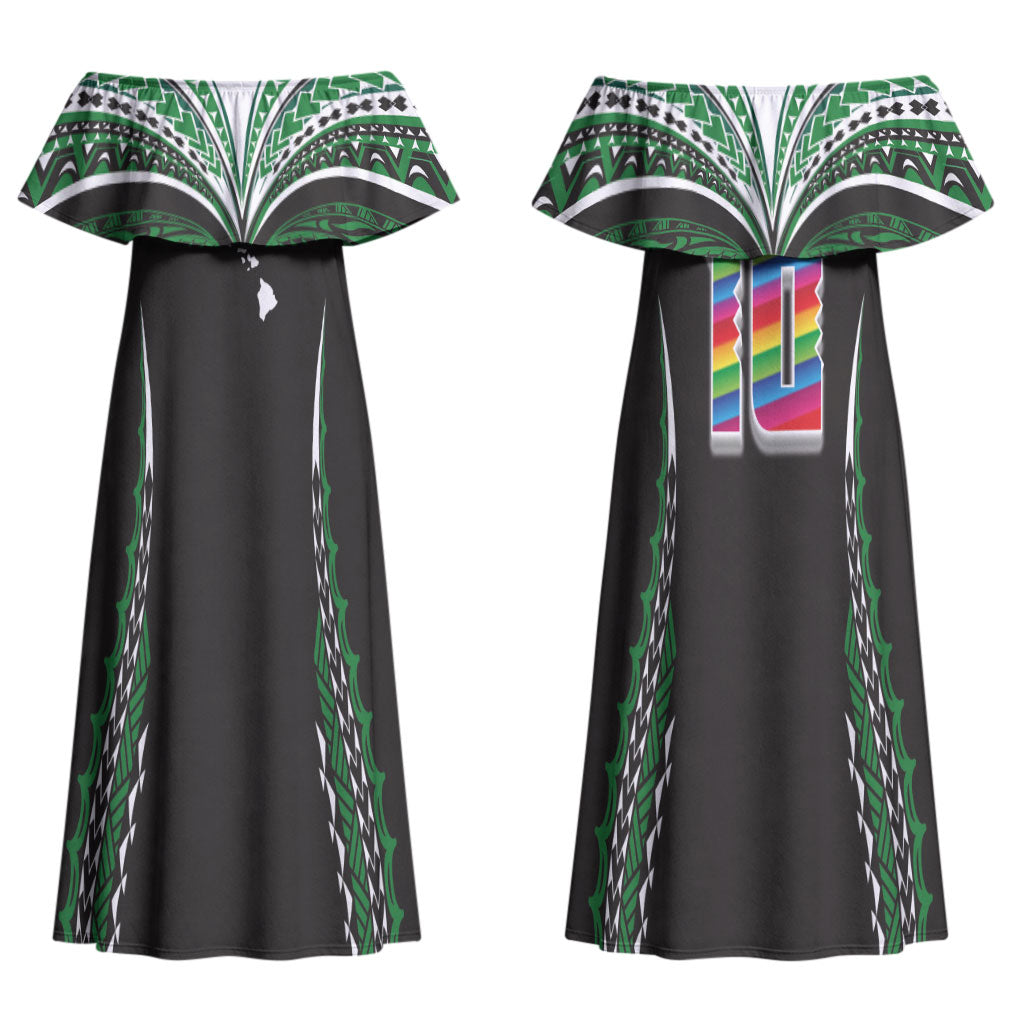 Custom Hawaii Rainbow Warriors Couples Matching Off Shoulder Maxi Dress and Hawaiian Shirt Polynesian Motif Black Color