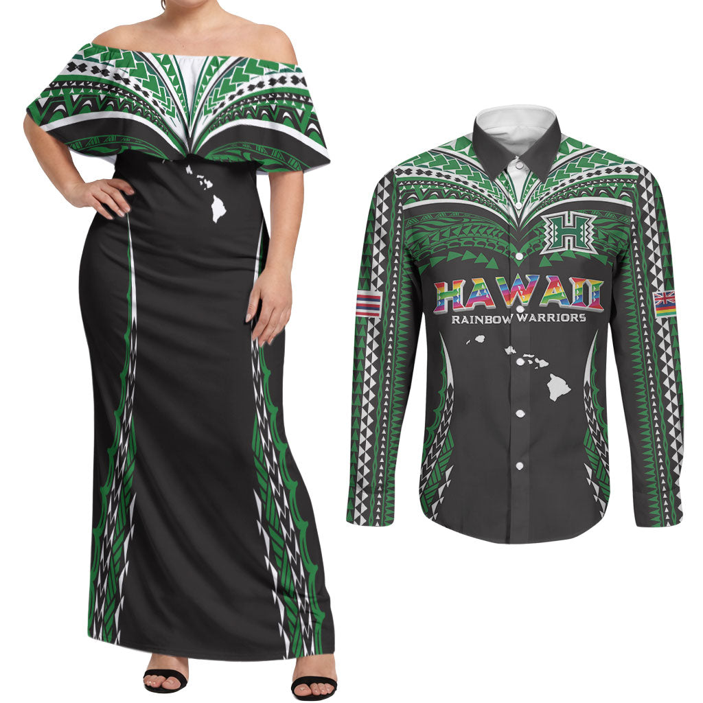 Custom Hawaii Rainbow Warriors Couples Matching Off Shoulder Maxi Dress and Long Sleeve Button Shirt Polynesian Motif Black Color