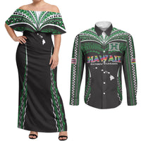 Custom Hawaii Rainbow Warriors Couples Matching Off Shoulder Maxi Dress and Long Sleeve Button Shirt Polynesian Motif Black Color