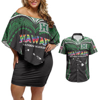 Custom Hawaii Rainbow Warriors Couples Matching Off Shoulder Short Dress and Hawaiian Shirt Polynesian Motif Black Color