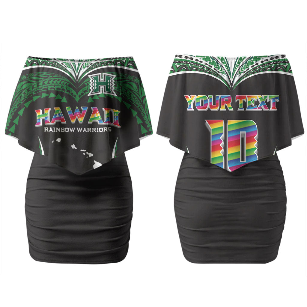 Custom Hawaii Rainbow Warriors Couples Matching Off Shoulder Short Dress and Hawaiian Shirt Polynesian Motif Black Color