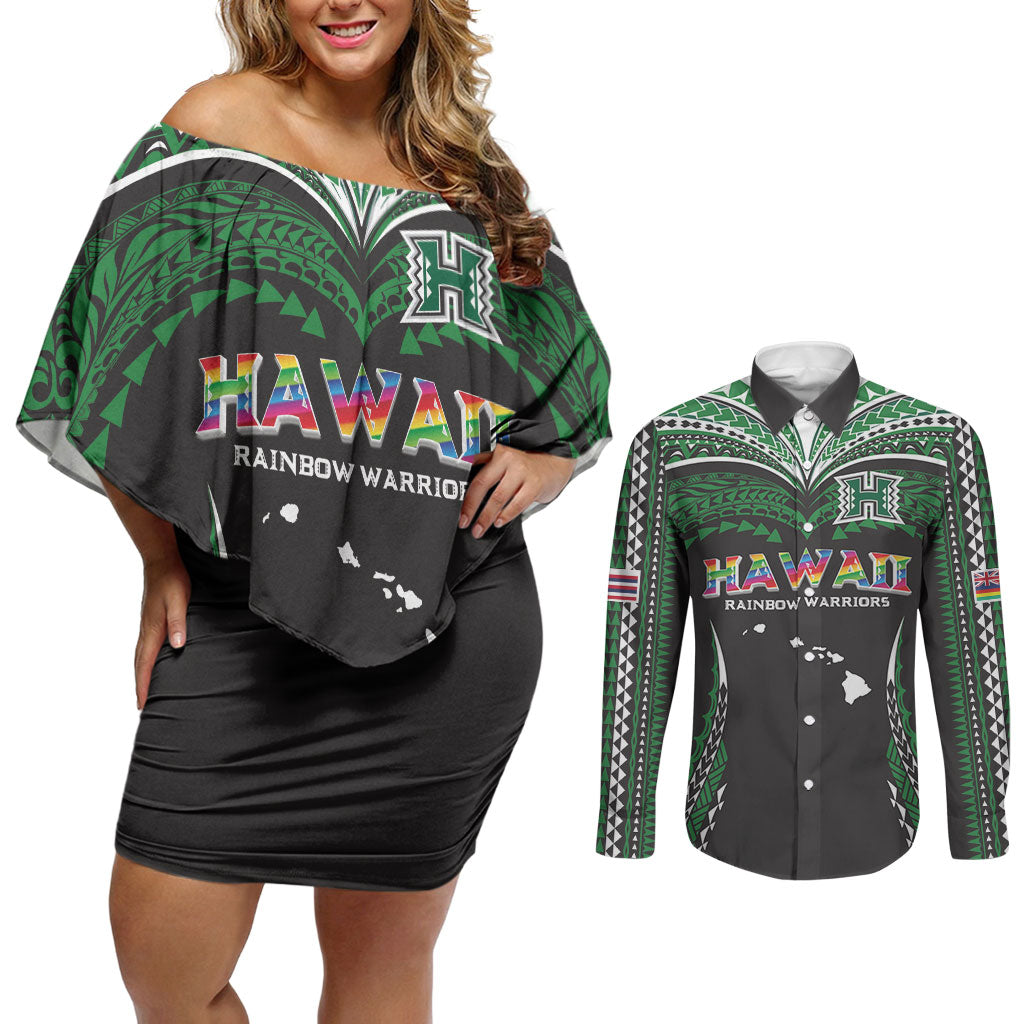 Custom Hawaii Rainbow Warriors Couples Matching Off Shoulder Short Dress and Long Sleeve Button Shirt Polynesian Motif Black Color