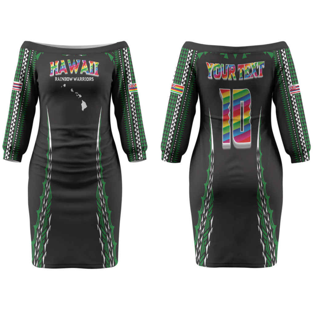 Custom Hawaii Rainbow Warriors Couples Matching Off The Shoulder Long Sleeve Dress and Hawaiian Shirt Polynesian Motif Black Color