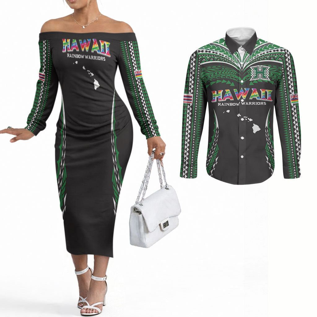 Custom Hawaii Rainbow Warriors Couples Matching Off The Shoulder Long Sleeve Dress and Long Sleeve Button Shirt Polynesian Motif Black Color