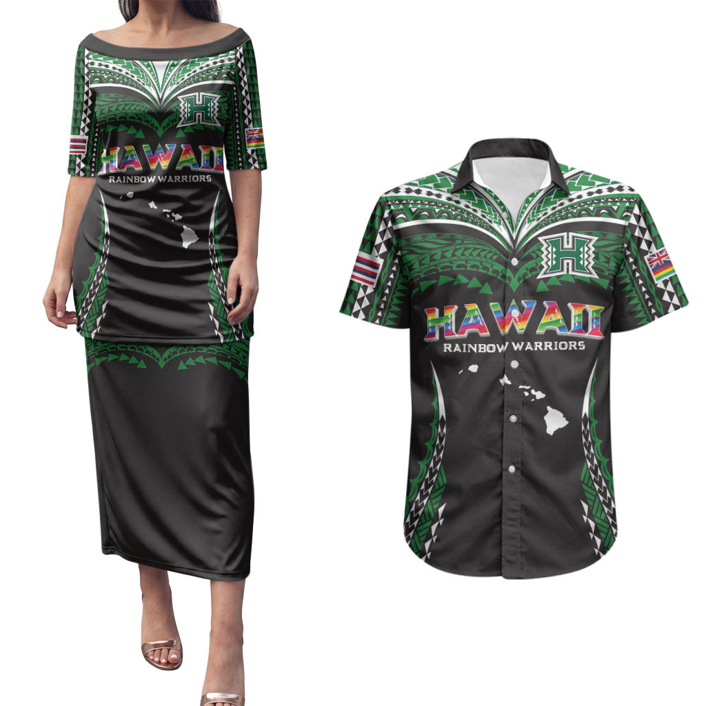 Custom Hawaii Rainbow Warriors Couples Matching Puletasi and Hawaiian Shirt Polynesian Motif Black Color