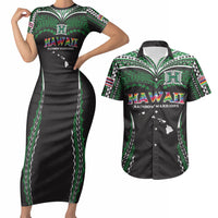 Custom Hawaii Rainbow Warriors Couples Matching Short Sleeve Bodycon Dress and Hawaiian Shirt Polynesian Motif Black Color