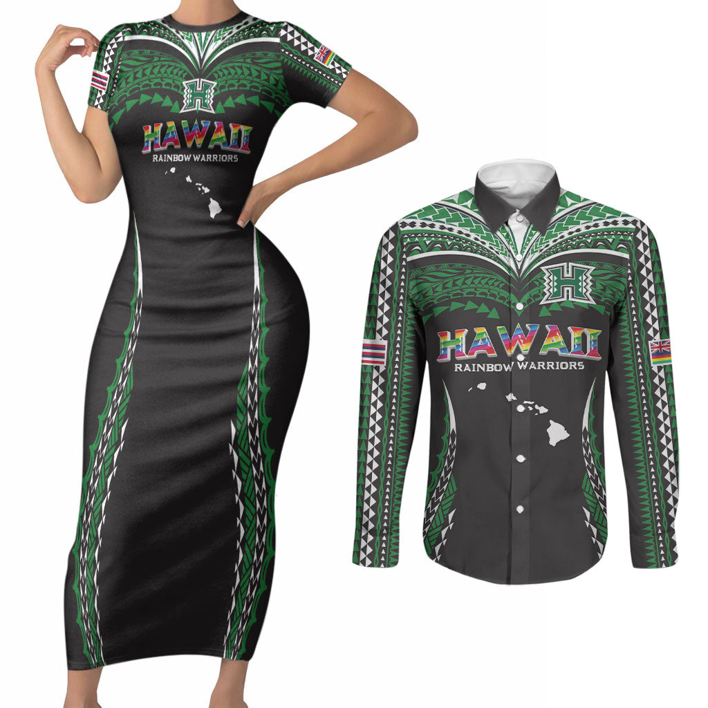 Custom Hawaii Rainbow Warriors Couples Matching Short Sleeve Bodycon Dress and Long Sleeve Button Shirt Polynesian Motif Black Color