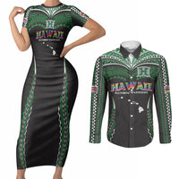 Custom Hawaii Rainbow Warriors Couples Matching Short Sleeve Bodycon Dress and Long Sleeve Button Shirt Polynesian Motif Black Color