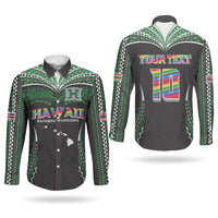 Custom Hawaii Rainbow Warriors Couples Matching Short Sleeve Bodycon Dress and Long Sleeve Button Shirt Polynesian Motif Black Color
