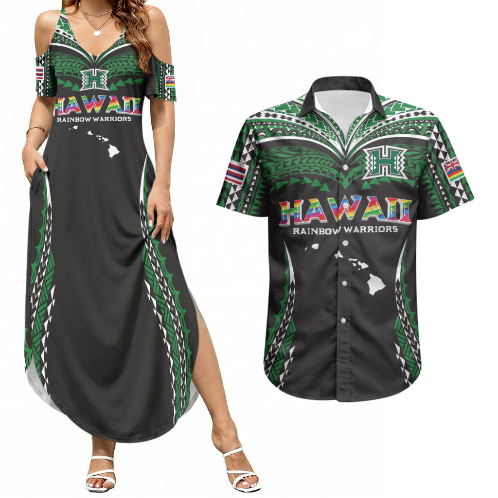 Custom Hawaii Rainbow Warriors Couples Matching Summer Maxi Dress and Hawaiian Shirt Polynesian Motif Black Color