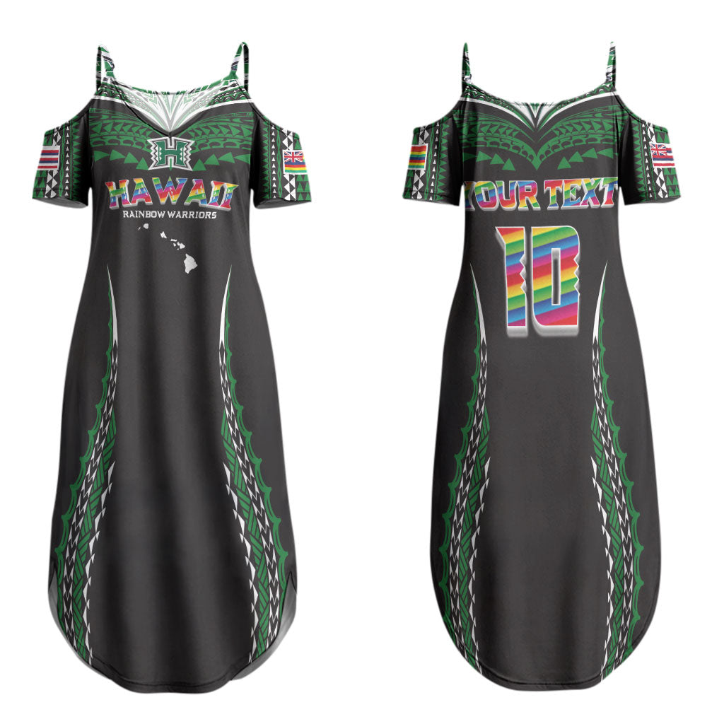 Custom Hawaii Rainbow Warriors Couples Matching Summer Maxi Dress and Long Sleeve Button Shirt Polynesian Motif Black Color