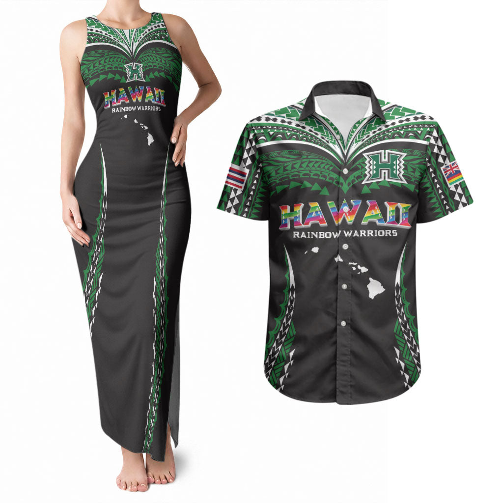 Custom Hawaii Rainbow Warriors Couples Matching Tank Maxi Dress and Hawaiian Shirt Polynesian Motif Black Color