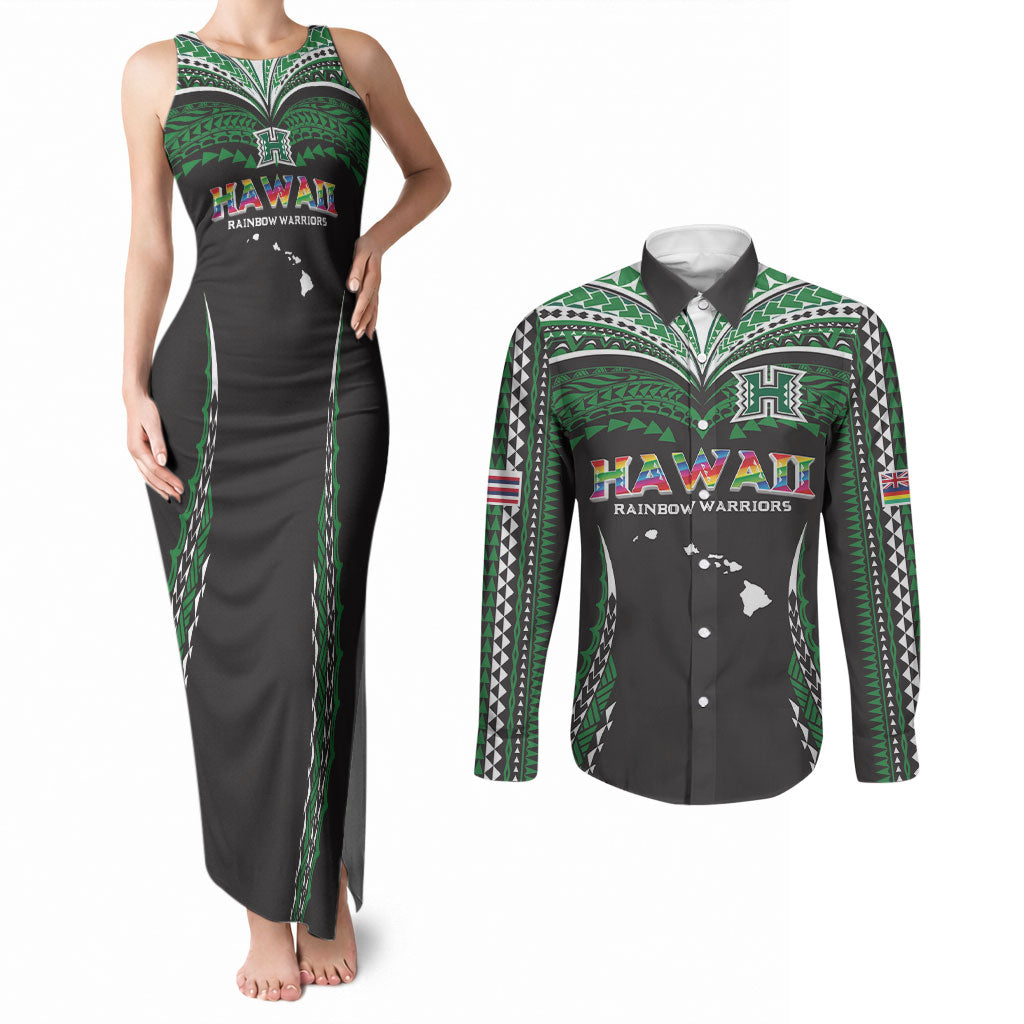 Custom Hawaii Rainbow Warriors Couples Matching Tank Maxi Dress and Long Sleeve Button Shirt Polynesian Motif Black Color