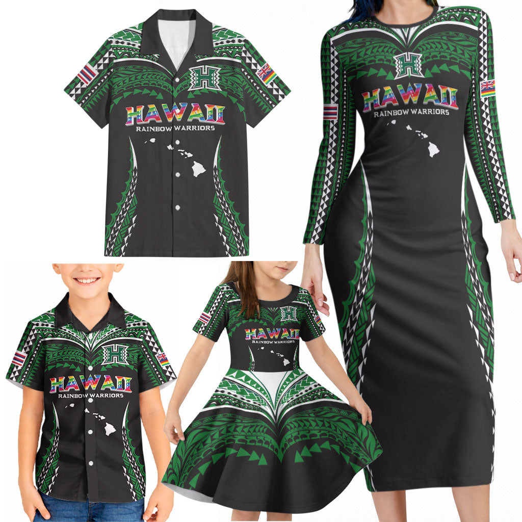 Custom Hawaii Rainbow Warriors Family Matching Long Sleeve Bodycon Dress and Hawaiian Shirt Polynesian Motif Black Color