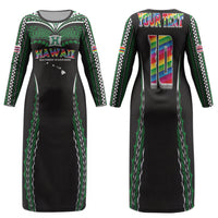 Custom Hawaii Rainbow Warriors Family Matching Long Sleeve Bodycon Dress and Hawaiian Shirt Polynesian Motif Black Color
