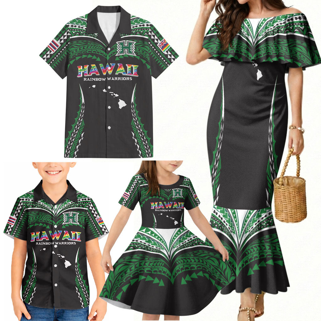 Custom Hawaii Rainbow Warriors Family Matching Mermaid Dress and Hawaiian Shirt Polynesian Motif Black Color