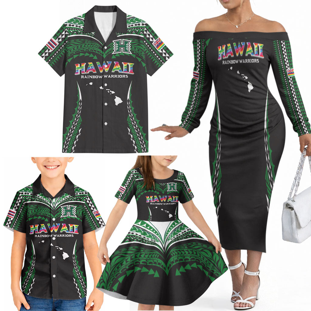 Custom Hawaii Rainbow Warriors Family Matching Off The Shoulder Long Sleeve Dress and Hawaiian Shirt Polynesian Motif Black Color