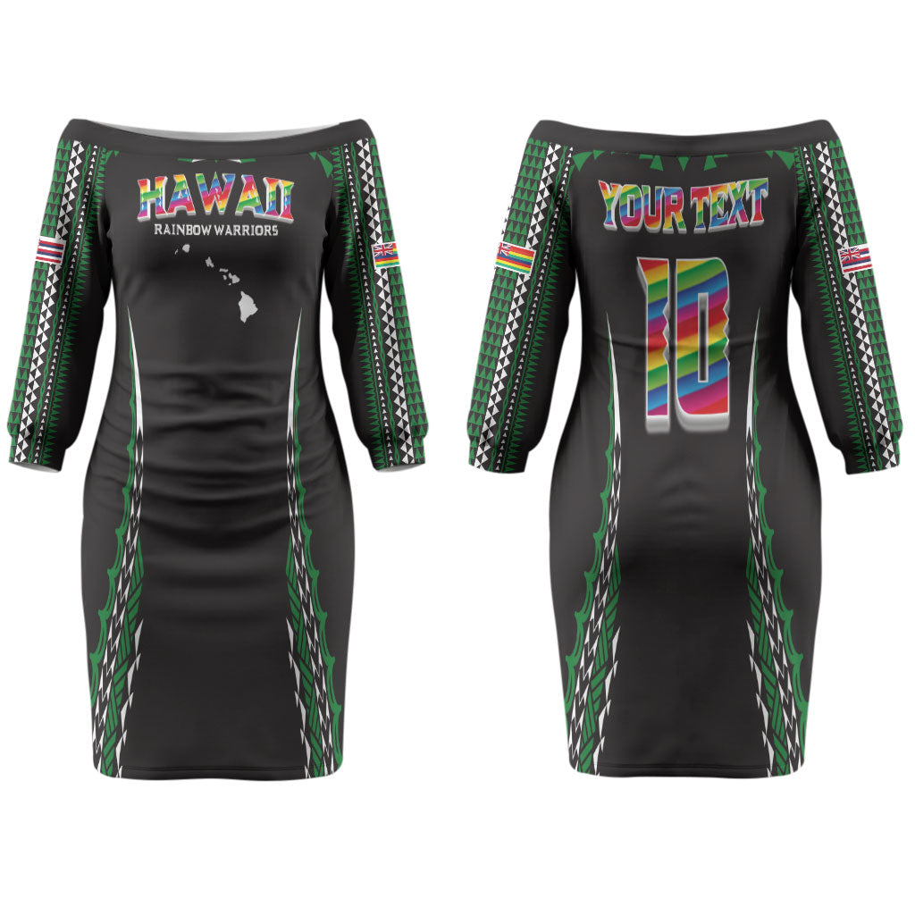 Custom Hawaii Rainbow Warriors Family Matching Off The Shoulder Long Sleeve Dress and Hawaiian Shirt Polynesian Motif Black Color