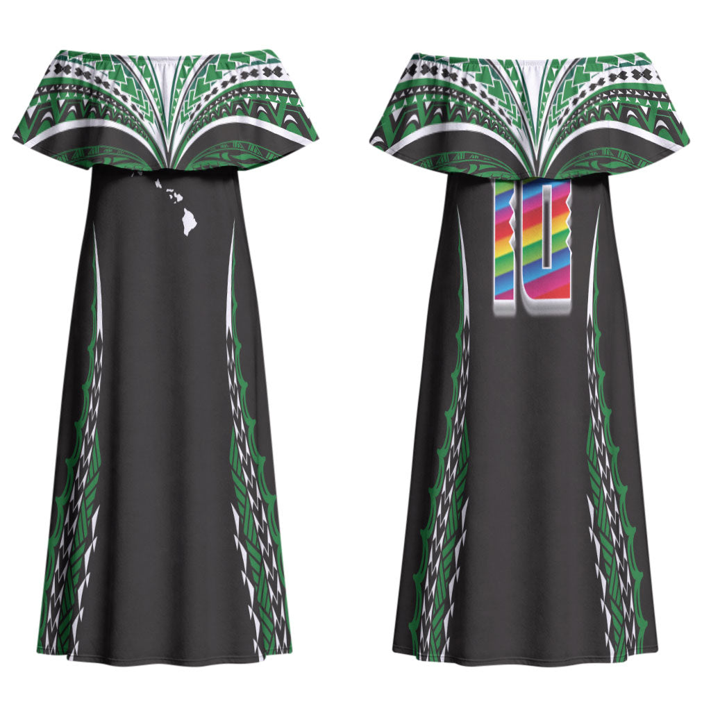 Custom Hawaii Rainbow Warriors Family Matching Off Shoulder Maxi Dress and Hawaiian Shirt Polynesian Motif Black Color