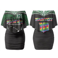 Custom Hawaii Rainbow Warriors Family Matching Off Shoulder Short Dress and Hawaiian Shirt Polynesian Motif Black Color