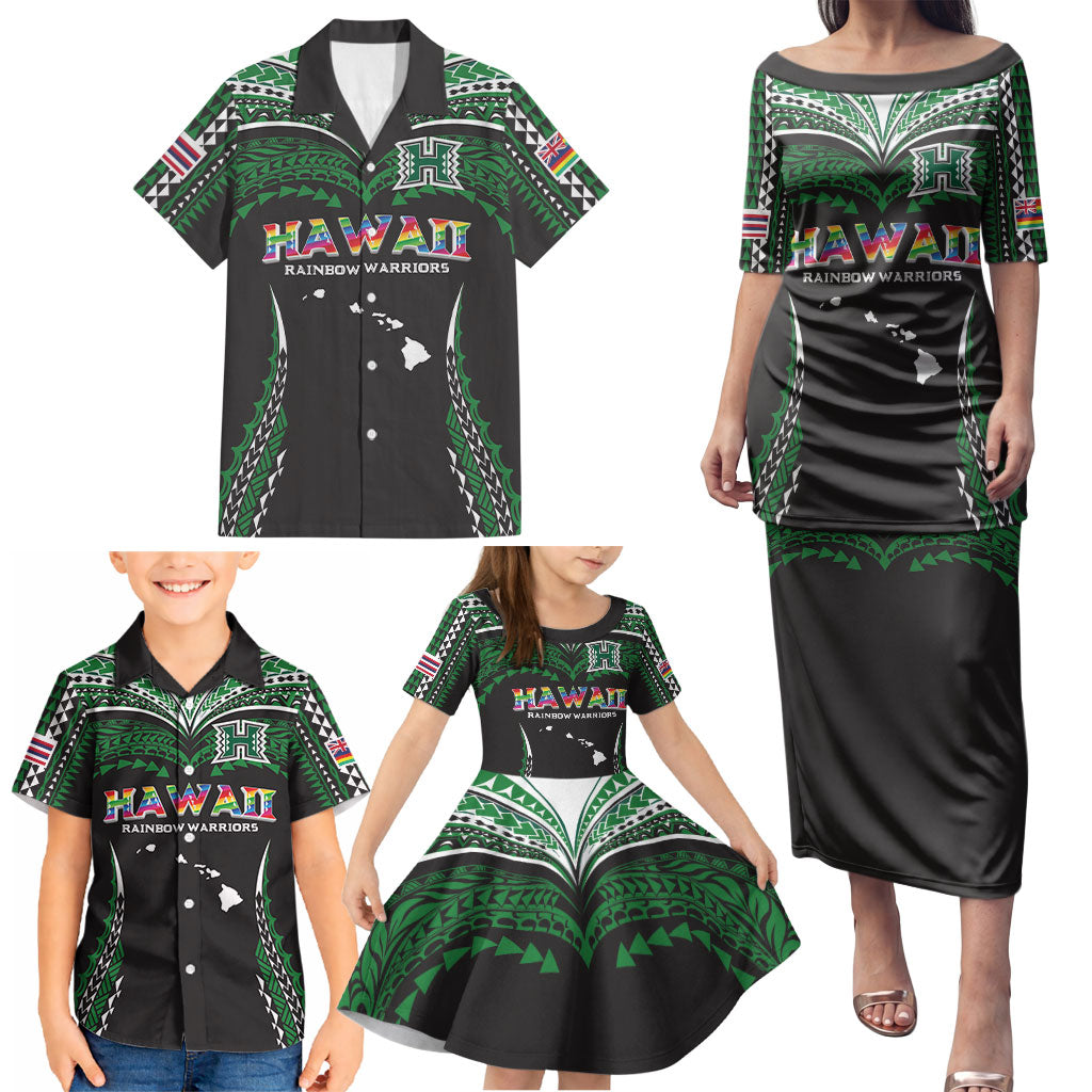 Custom Hawaii Rainbow Warriors Family Matching Puletasi and Hawaiian Shirt Polynesian Motif Black Color
