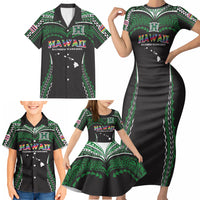 Custom Hawaii Rainbow Warriors Family Matching Short Sleeve Bodycon Dress and Hawaiian Shirt Polynesian Motif Black Color