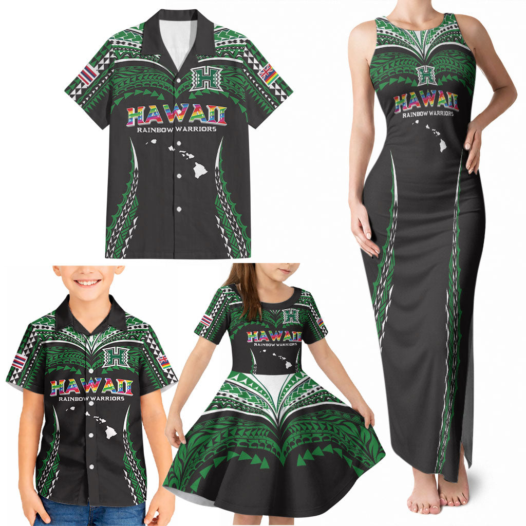 Custom Hawaii Rainbow Warriors Family Matching Tank Maxi Dress and Hawaiian Shirt Polynesian Motif Black Color
