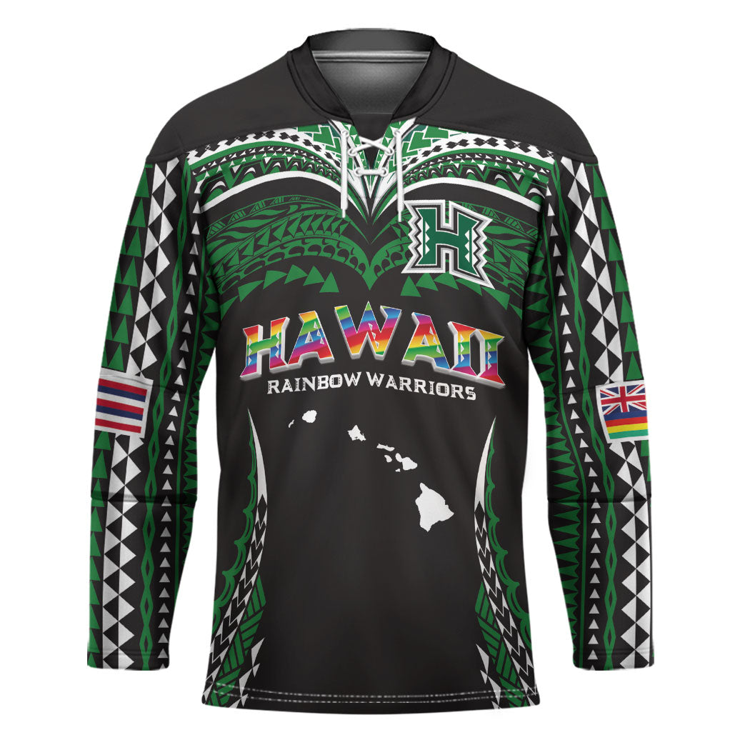 Custom Hawaii Rainbow Warriors Hockey Jersey Polynesian Motif Black Color