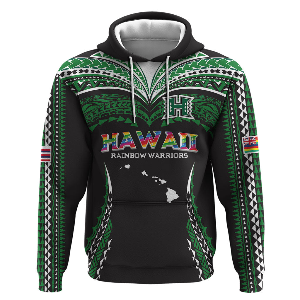 Custom Hawaii Rainbow Warriors Hoodie Polynesian Motif Black Color
