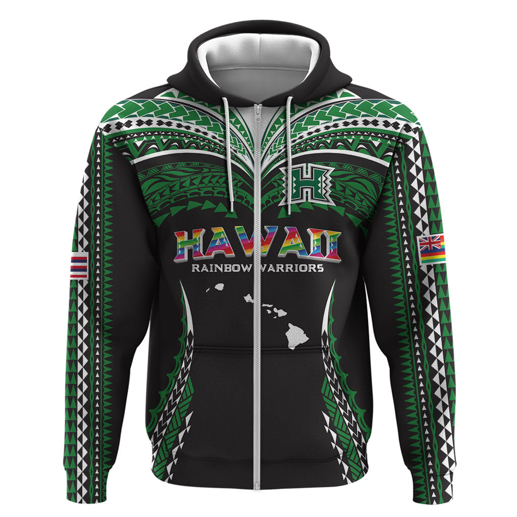 Custom Hawaii Rainbow Warriors Hoodie Polynesian Motif Black Color