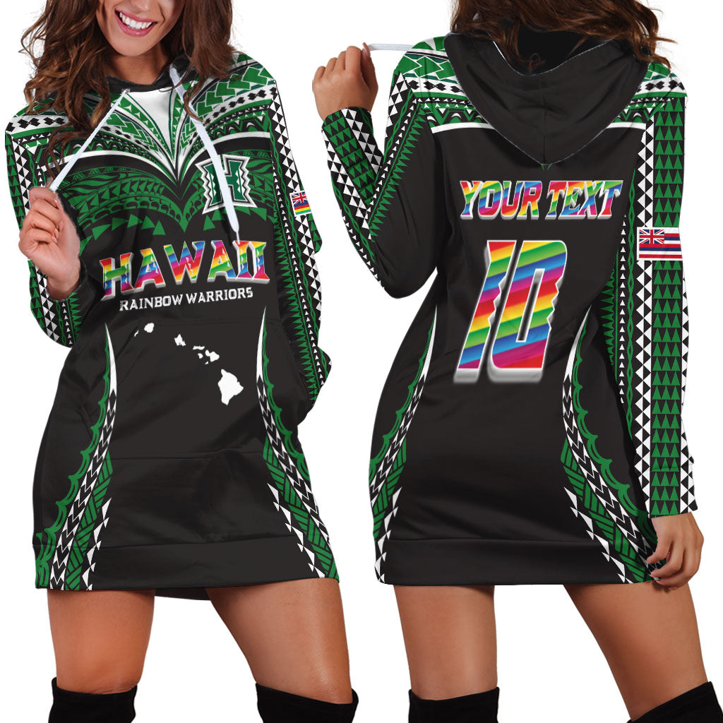 Custom Hawaii Rainbow Warriors Hoodie Dress Polynesian Motif Black Color