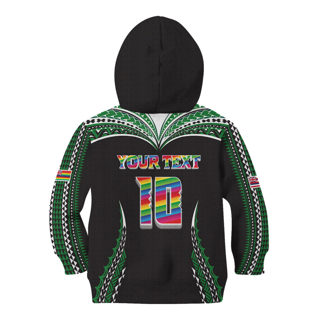 Custom Hawaii Rainbow Warriors Kid Hoodie Polynesian Motif Black Color