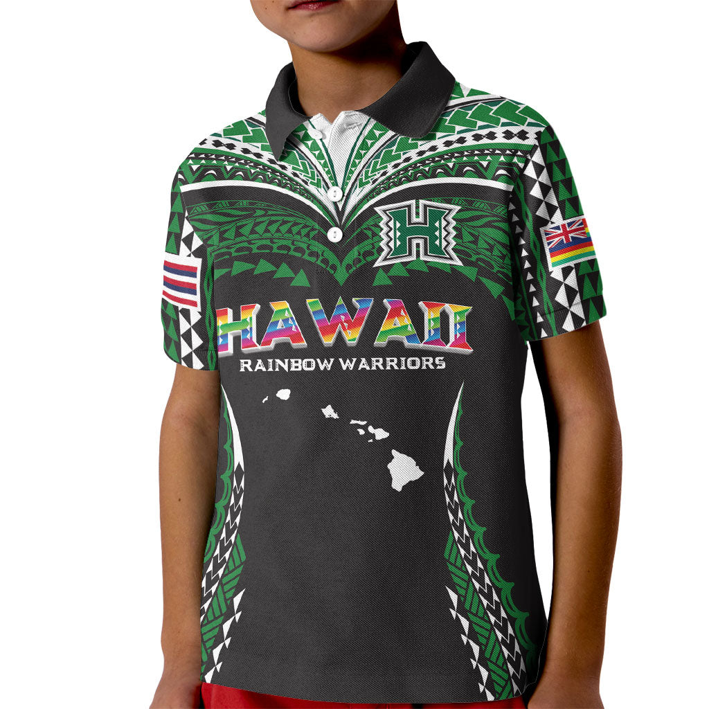 Custom Hawaii Rainbow Warriors Kid Polo Shirt Polynesian Motif Black Color
