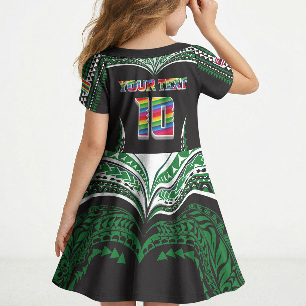 Custom Hawaii Rainbow Warriors Kid Short Sleeve Dress Polynesian Motif Black Color