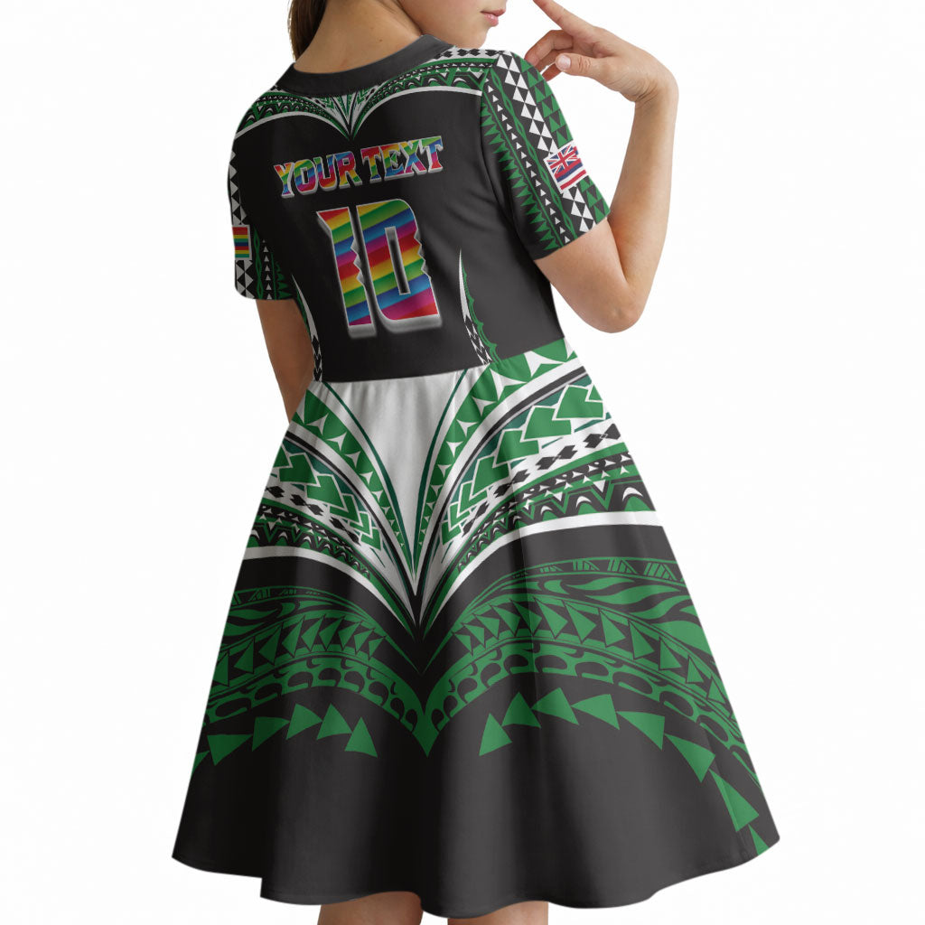 Custom Hawaii Rainbow Warriors Kid Short Sleeve Dress Polynesian Motif Black Color