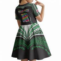 Custom Hawaii Rainbow Warriors Kid Short Sleeve Dress Polynesian Motif Black Color