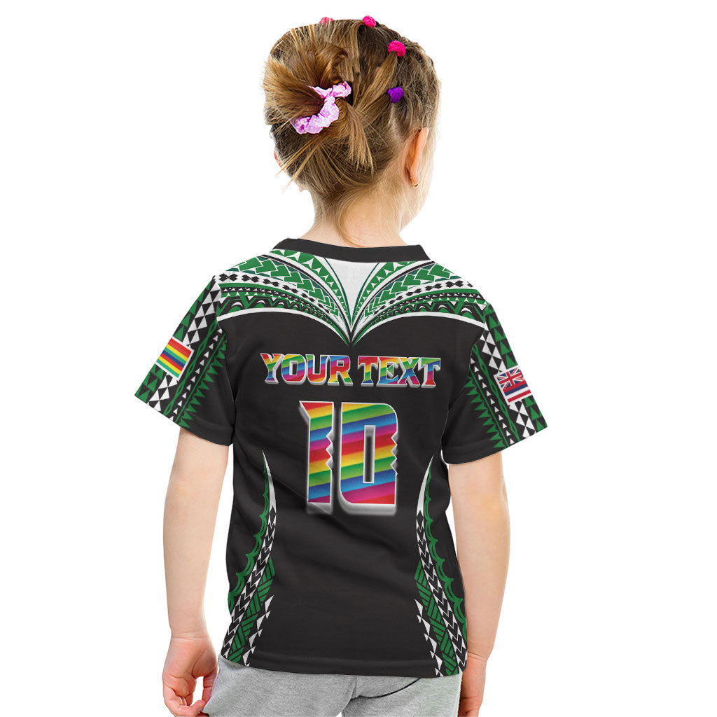 Custom Hawaii Rainbow Warriors Kid T Shirt Polynesian Motif Black Color