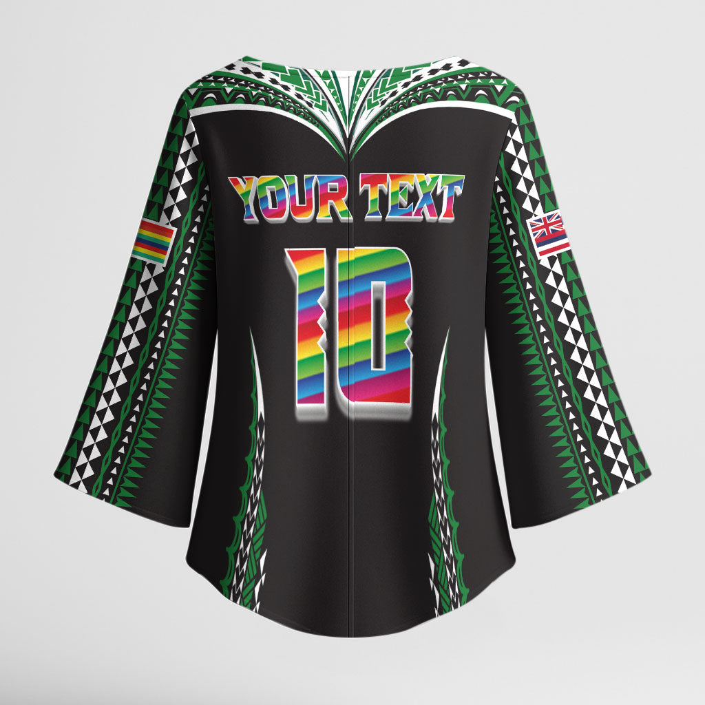Custom Hawaii Rainbow Warriors Kimono Sleeve Blouse Polynesian Motif Black Color