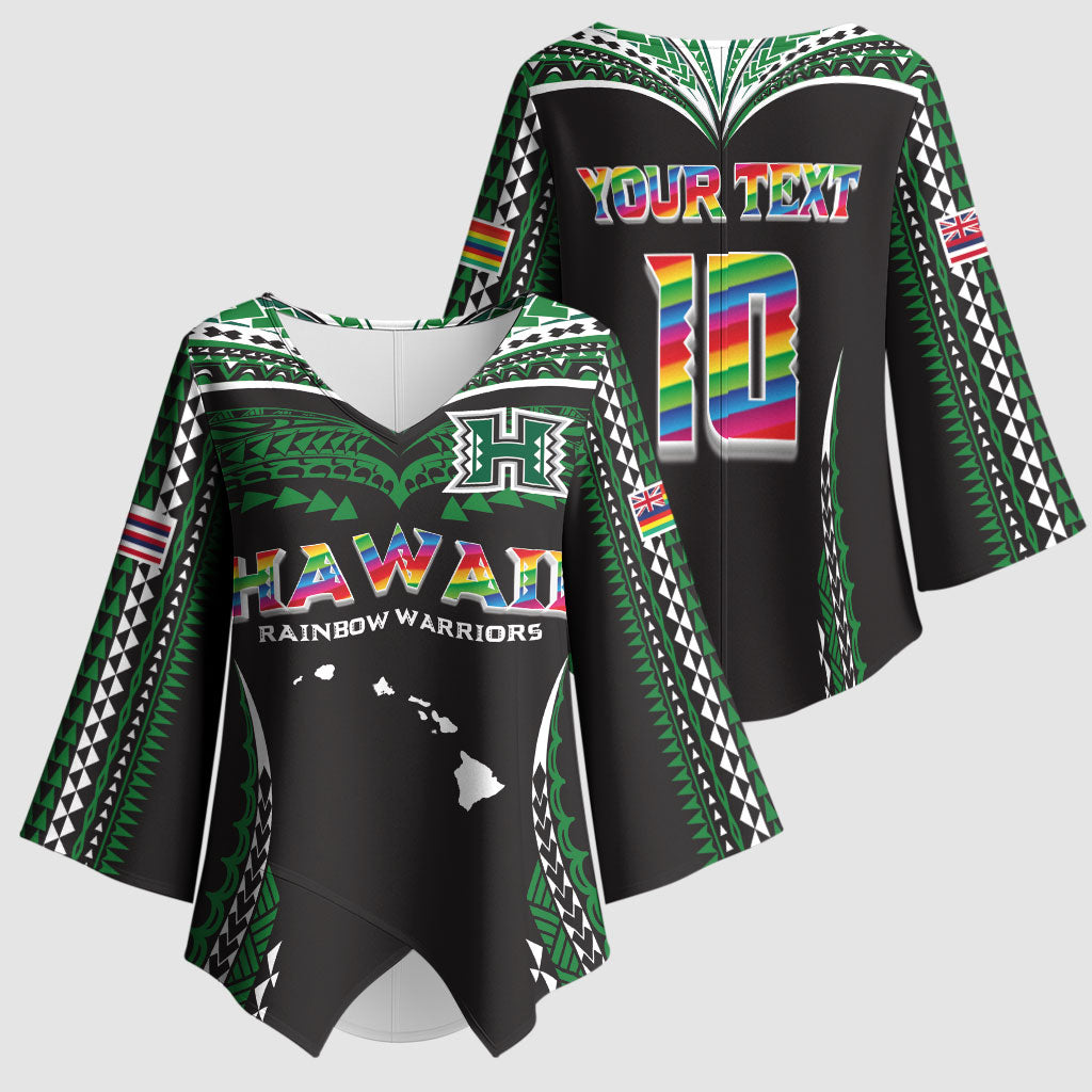Custom Hawaii Rainbow Warriors Kimono Sleeve Blouse Polynesian Motif Black Color