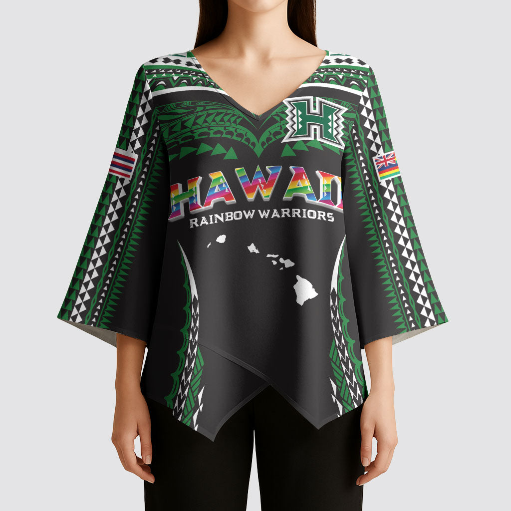 Custom Hawaii Rainbow Warriors Kimono Sleeve Blouse Polynesian Motif Black Color