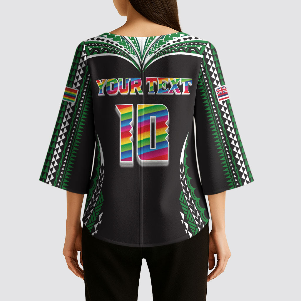 Custom Hawaii Rainbow Warriors Kimono Sleeve Blouse Polynesian Motif Black Color
