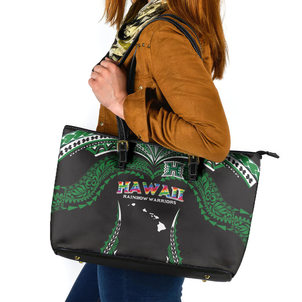 Hawaii Rainbow Warriors Leather Tote Bag Polynesian Motif Black Color