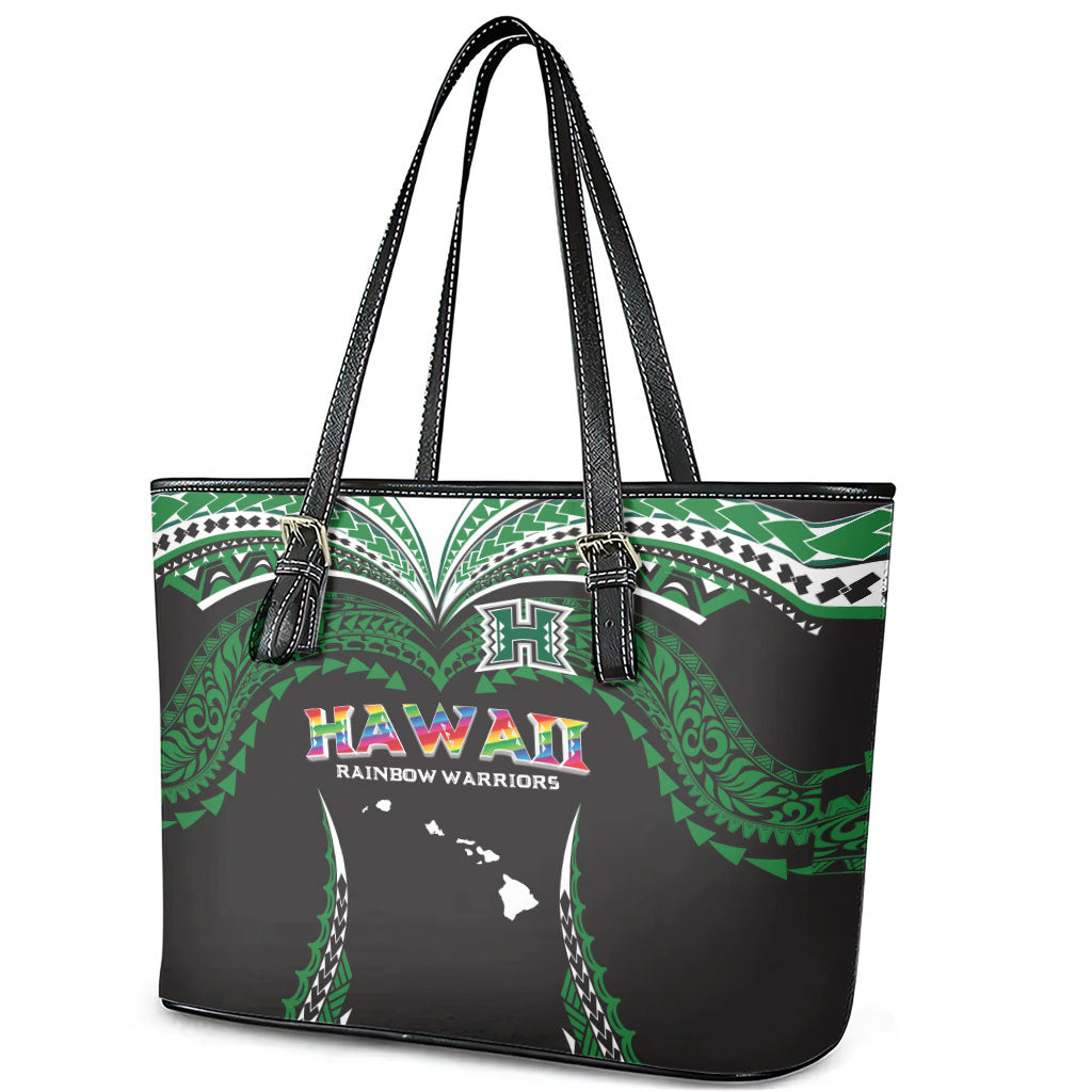 Hawaii Rainbow Warriors Leather Tote Bag Polynesian Motif Black Color