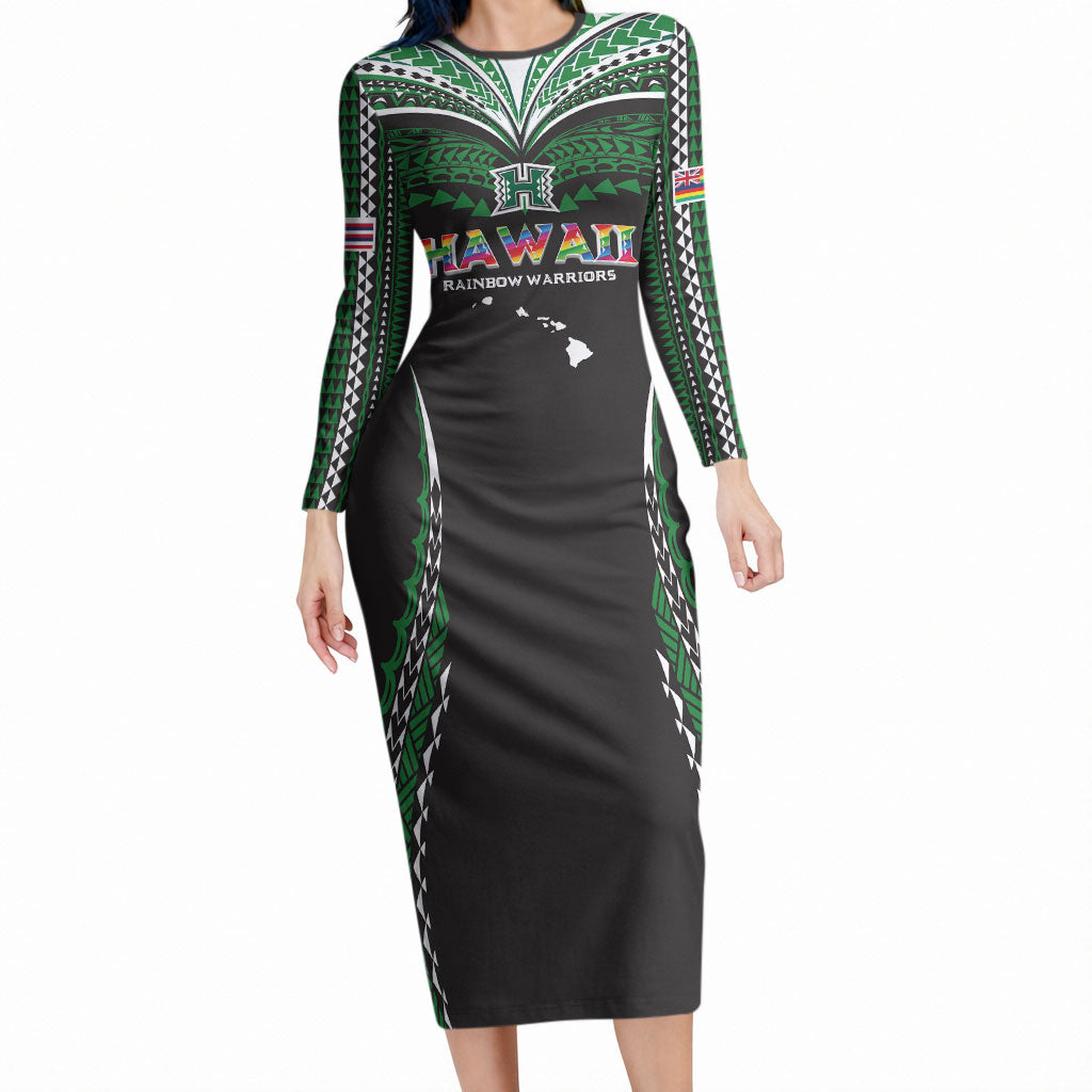 Custom Hawaii Rainbow Warriors Long Sleeve Bodycon Dress Polynesian Motif Black Color